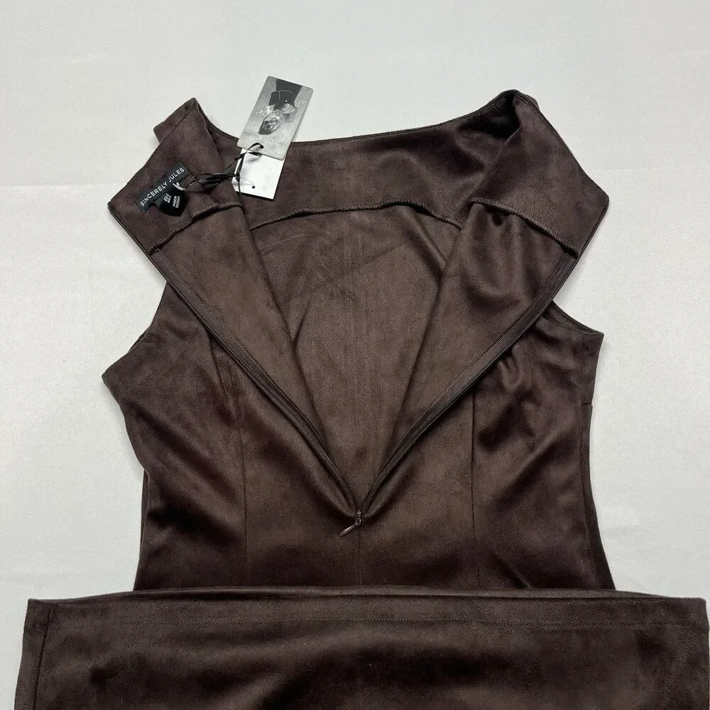 Brown Faux Suede Leather Midi Maxi Dress - Picture 11 of 11